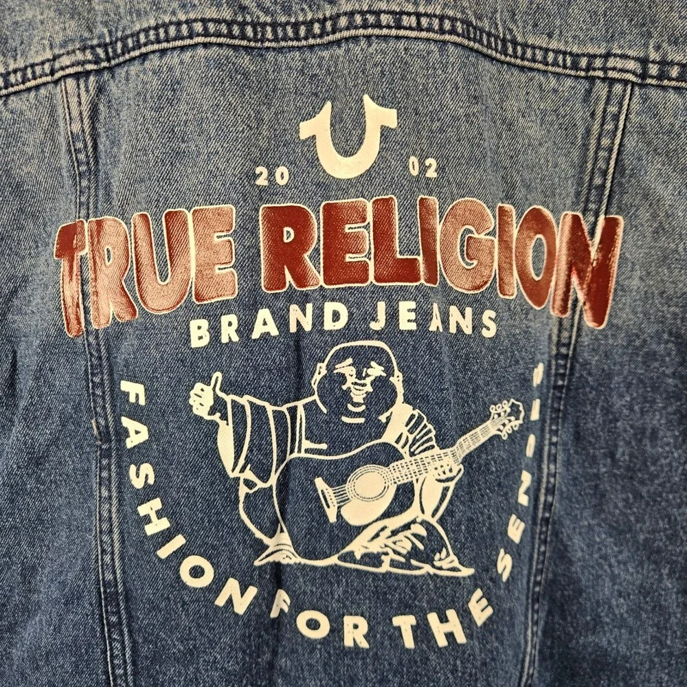 True Religion Mens Denim Jacket Medium Blue Quartz Wash Buddha Print 701133 XL